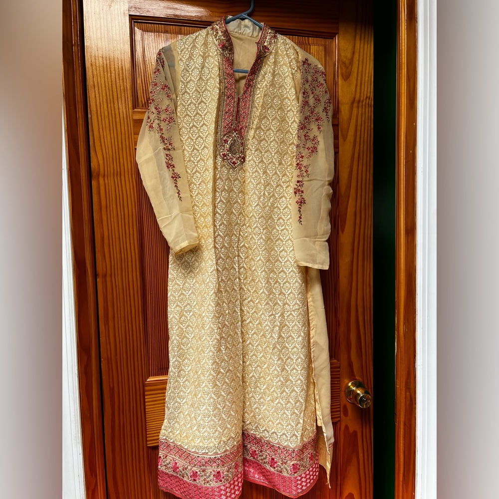 3 piece pale yellow and pink salwar kameez